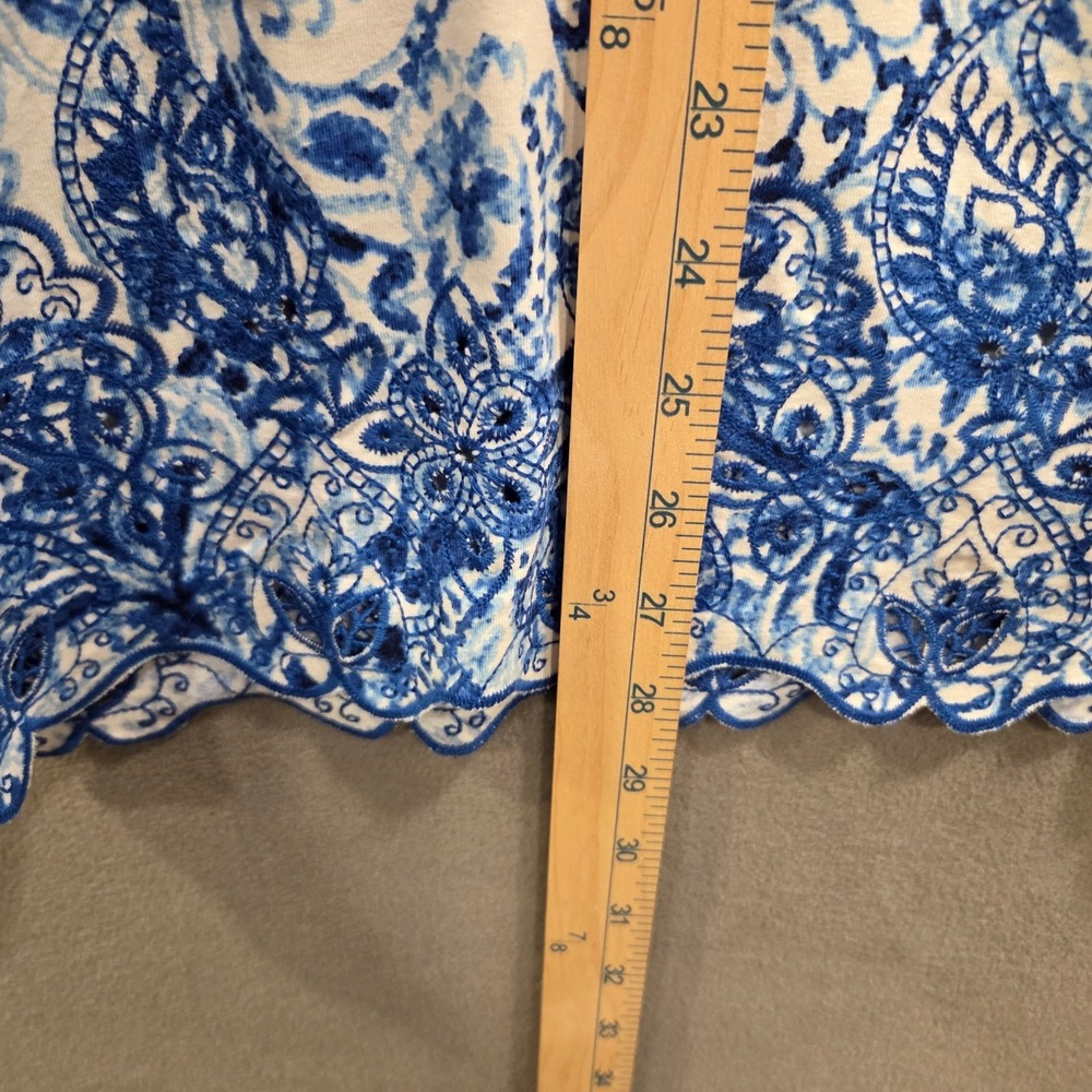 Ruby Rd. Blue and White Paisley Smocked Neck Cutout Blouse - Picture 7 of 7
